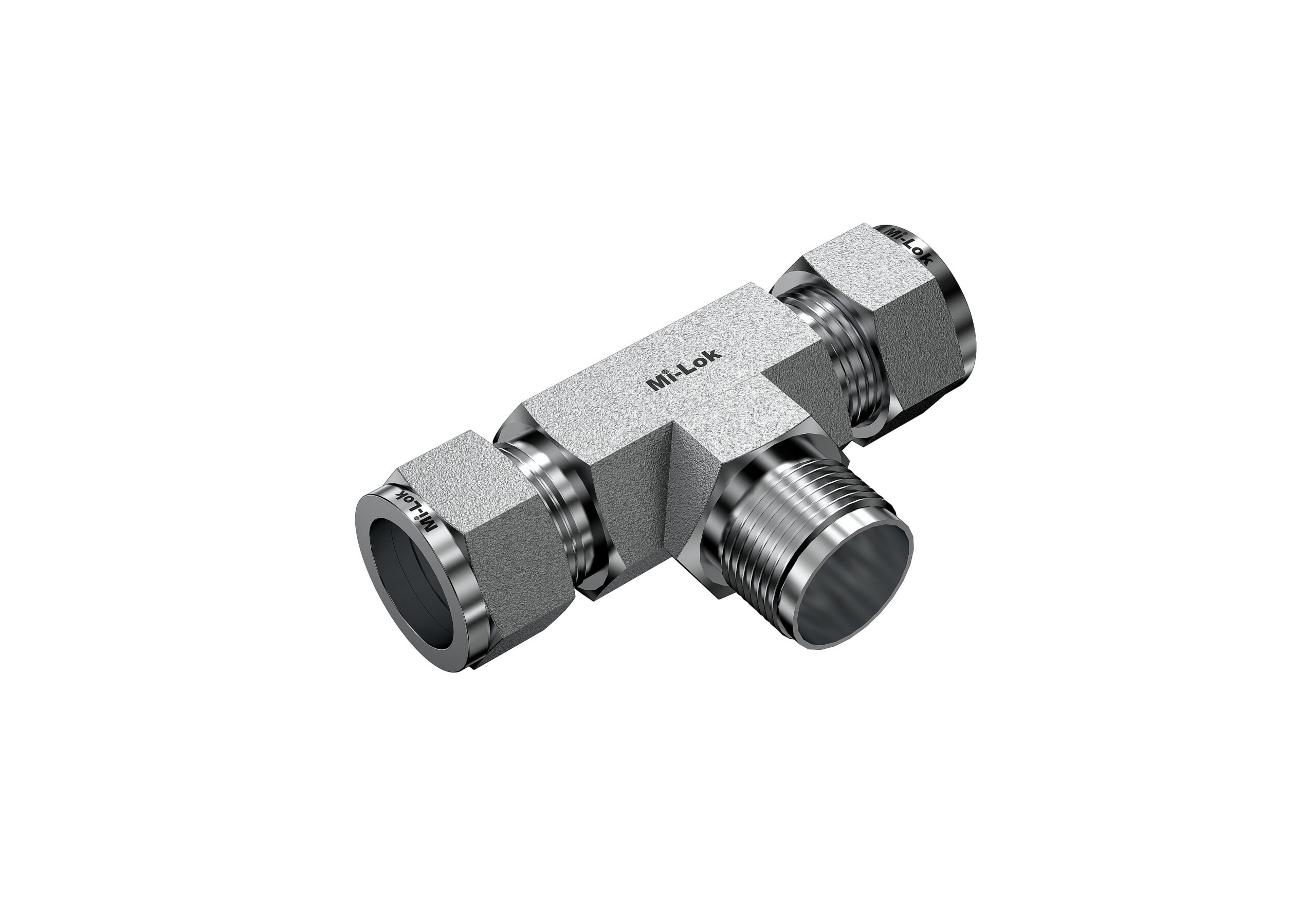 3D isometric perspective view of Mi-Lok stainless steel male branch tee fitting with dual tube compression ports and male NPT thread branch