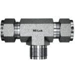 Mi-Lok stainless steel male branch tee front elevation view showing male pipe thread branch pointing downward