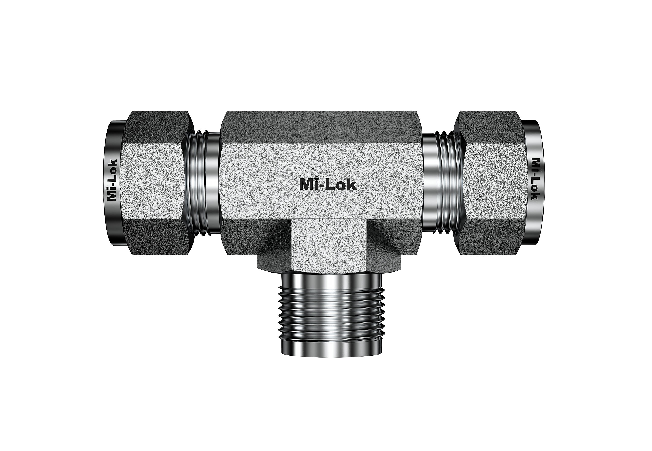 Mi-Lok stainless steel male branch tee front elevation view showing male pipe thread branch pointing downward