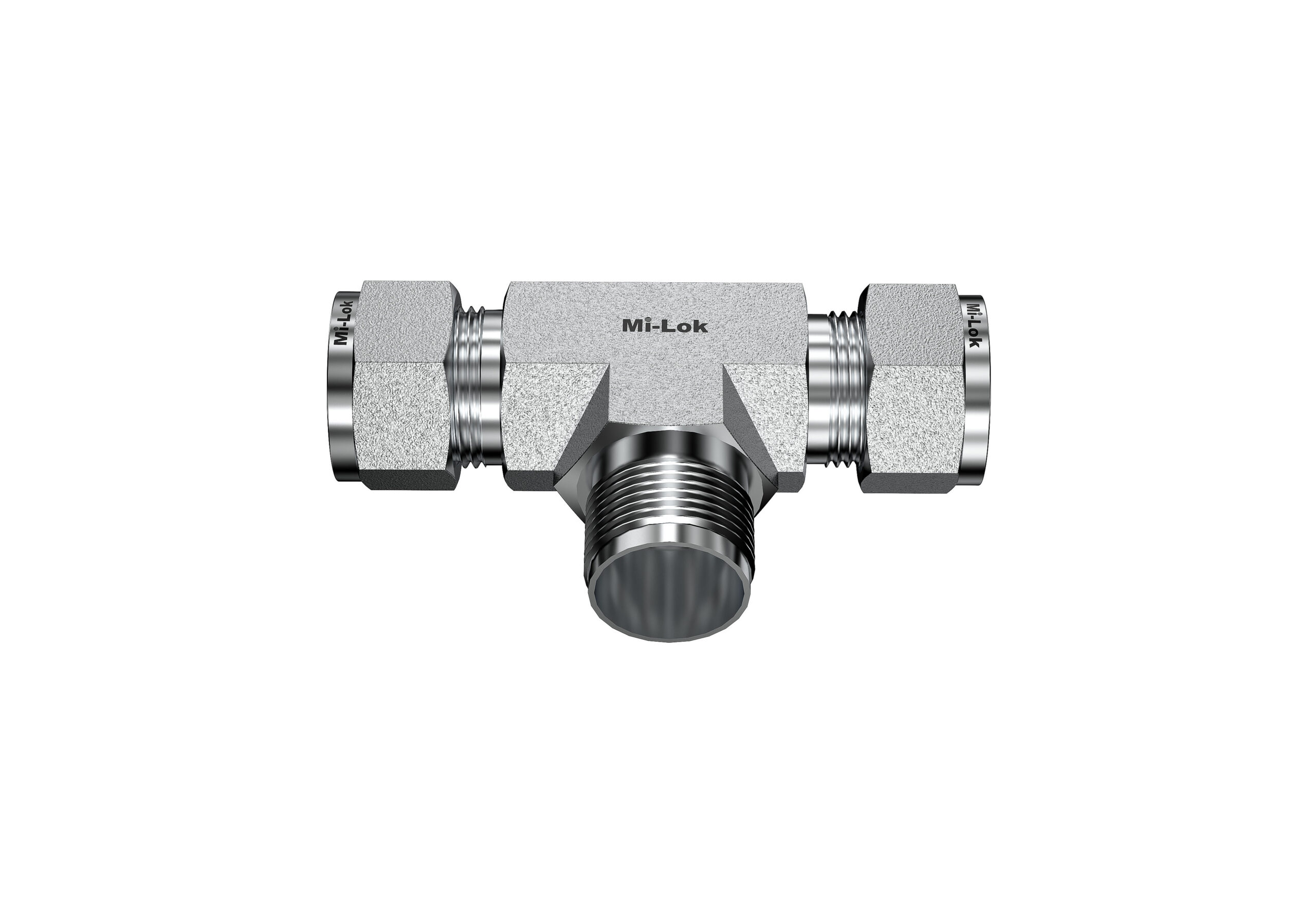 Mi-Lok male branch tee showing male pipe thread port facing forward