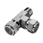 Angled 3D view of Mi-Lok male run tee fitting highlighting body flats and compression nuts