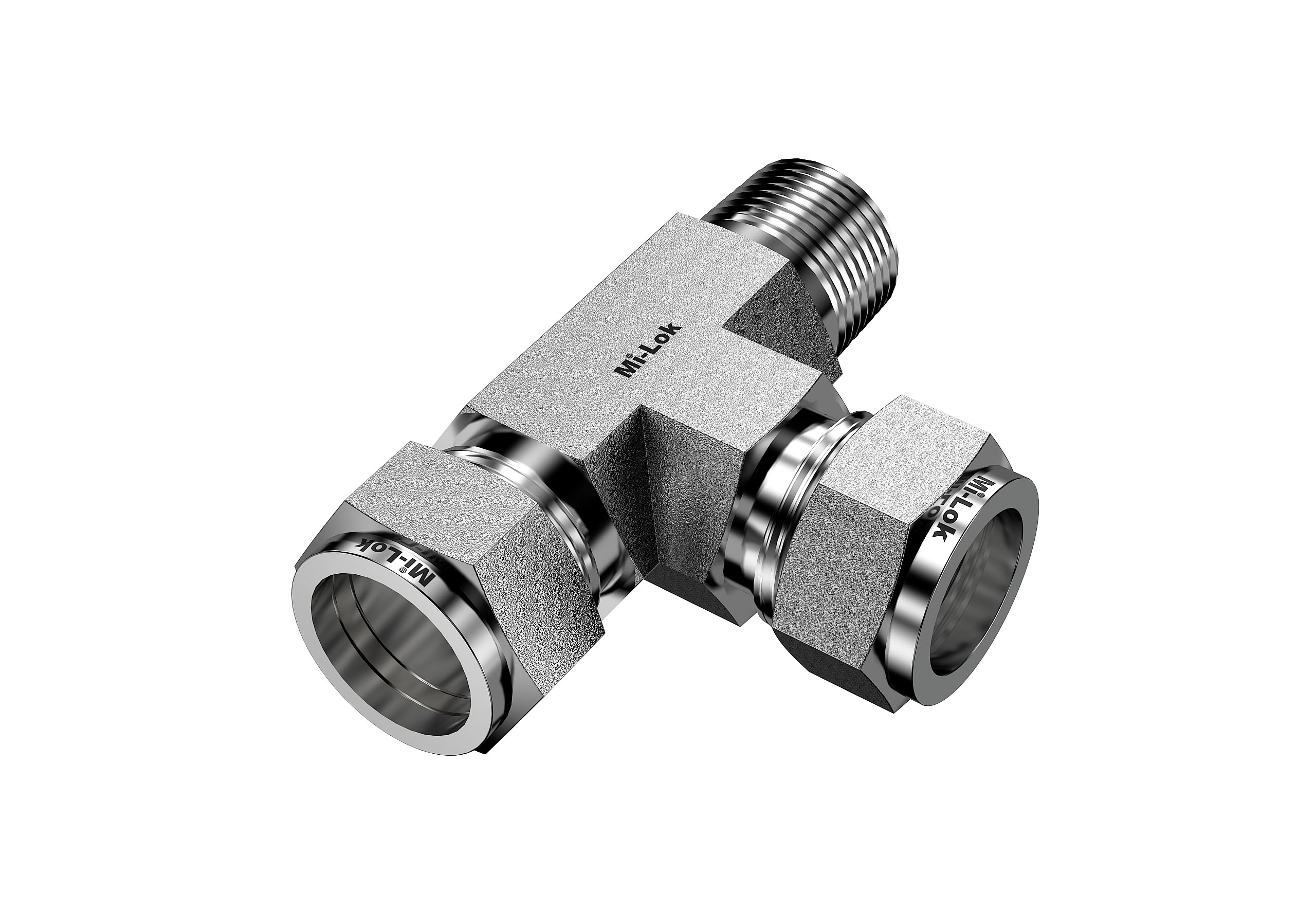 Angled 3D view of Mi-Lok male run tee fitting highlighting body flats and compression nuts