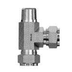Side profile view of Mi-Lok male run tee showing inline male NPT thread and perpendicular tube branch