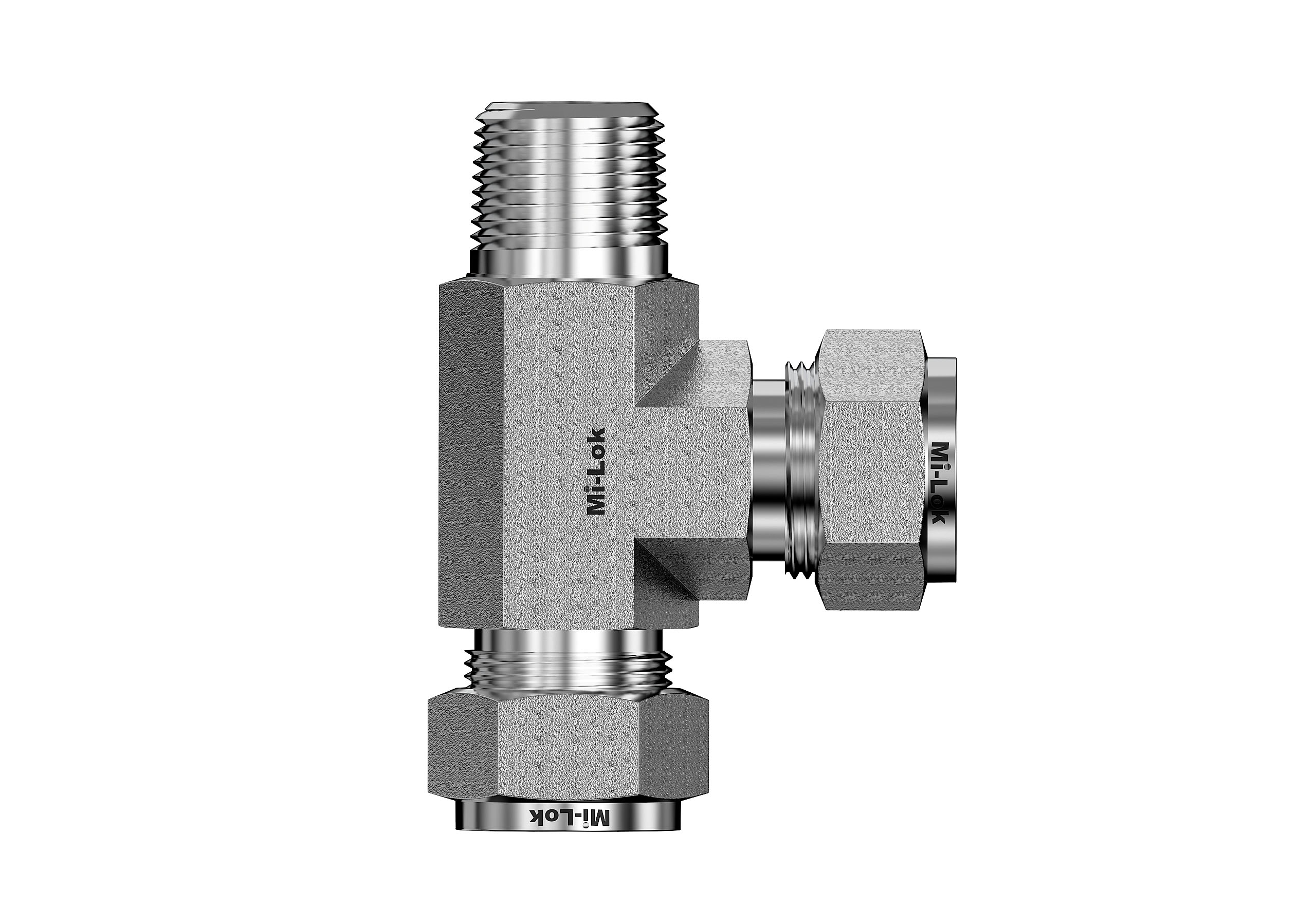 Side profile view of Mi-Lok male run tee showing inline male NPT thread and perpendicular tube branch