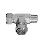 Horizontal view of Mi-Lok male run tee showing male NPT run end and branch compression port