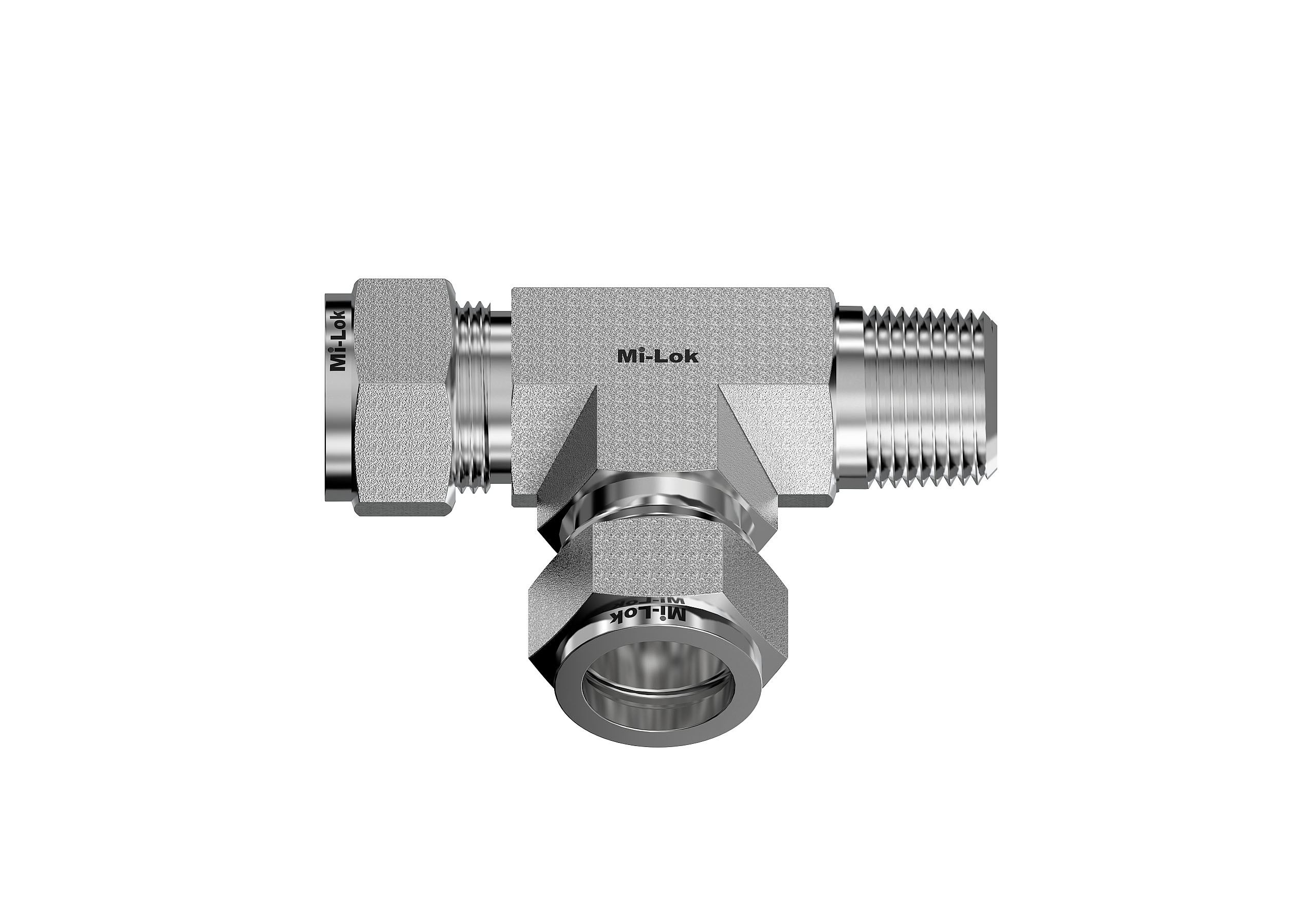 Horizontal view of Mi-Lok male run tee showing male NPT run end and branch compression port