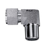 Side profile view of Mi-Lok stainless steel 90-degree male elbow fitting with compression tube port and male threaded end