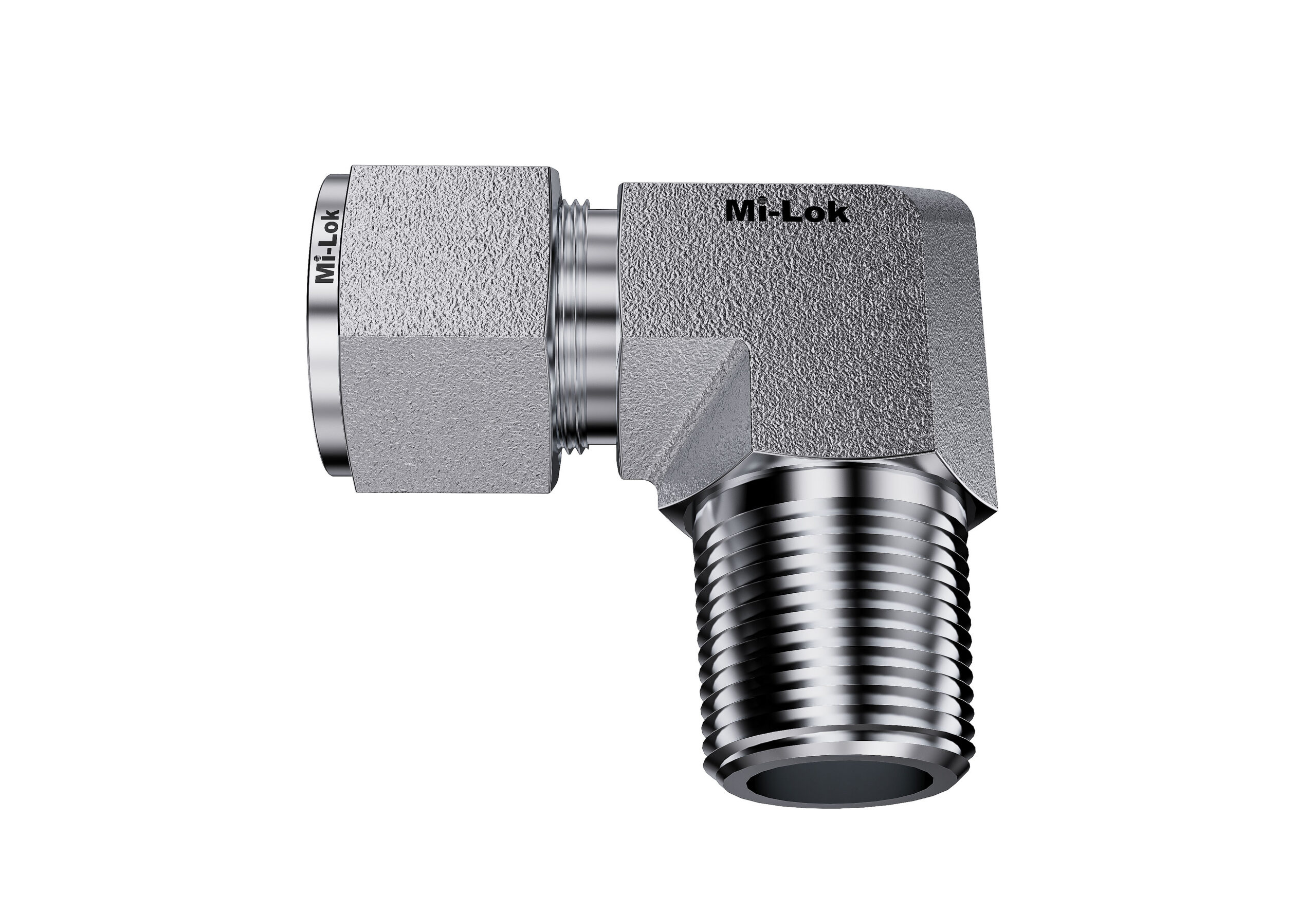 Side profile view of Mi-Lok stainless steel 90-degree male elbow fitting with compression tube port and male threaded end
