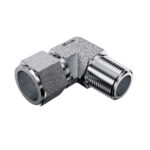 Angled 3D view of Mi-Lok 90-degree male elbow fitting showing tube entry port and male thread