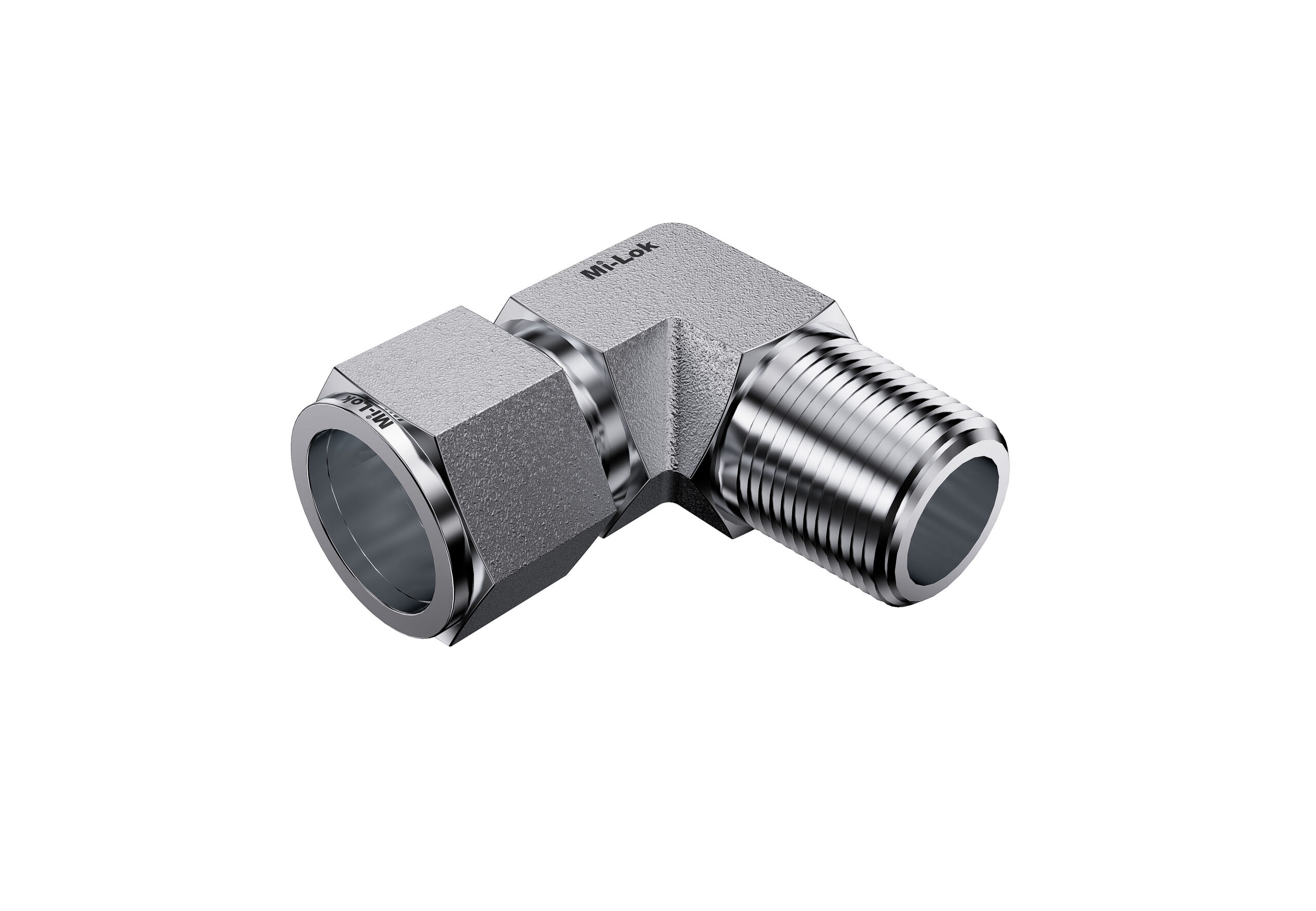 Angled 3D view of Mi-Lok 90-degree male elbow fitting showing tube entry port and male thread