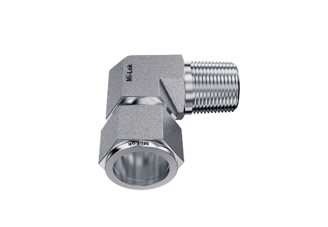 Mi-Lok male elbow fitting showing tube compression port and male threads