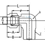 Technical engineering dimensional schematic of Mi-Lok 90-degree male elbow fitting showing tube OD D, length L, L1, thread T, and wrench flat h