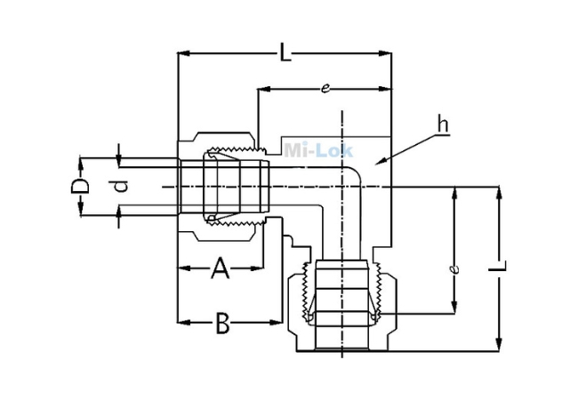 3D isometric perspective of Mi-Lok 90 degree union elbow tube fitting