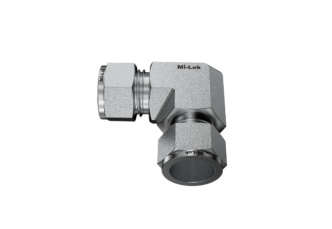 Mi-Lok stainless steel union elbow compression tube fitting side perspective