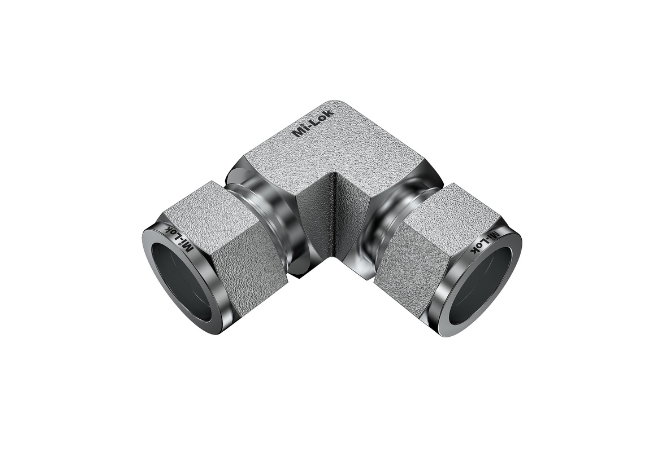 3D isometric perspective of Mi-Lok 90 degree union elbow tube fitting
