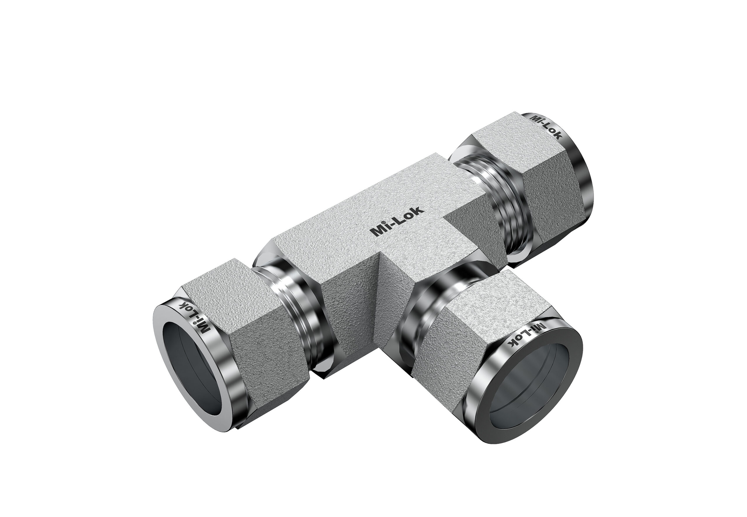 3D isometric view of Mi-Lok stainless steel equal union tee compression fitting