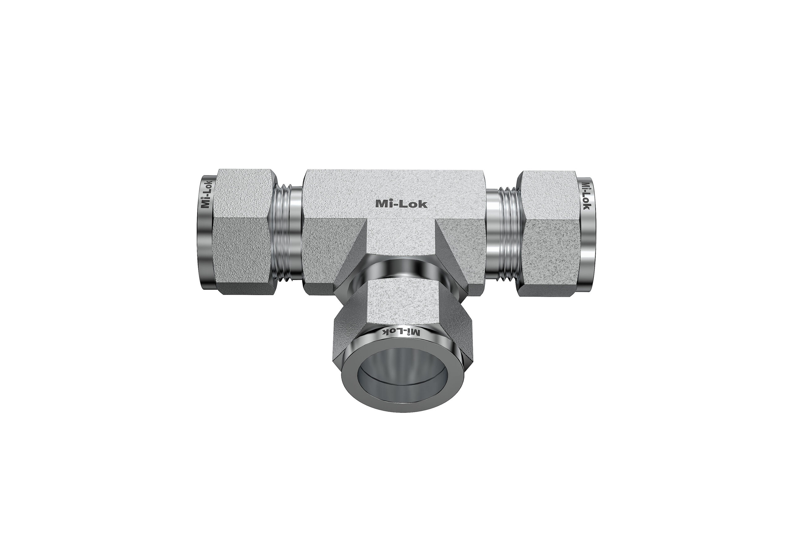 Mi-Lok union tee fitting front view showing branch port opening