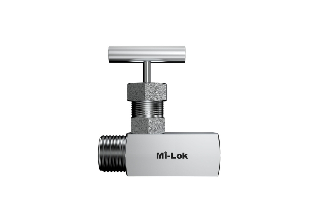 Mi-Lok stainless steel high pressure needle valve side view